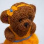 Needle Felted Brown Teddy Bear In Yellow Dress..