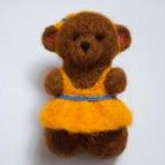 Needle Felted Brown Teddy Bear In Yellow Dress..