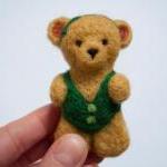 Needle Felted Brown Teddy Bear In Green Suit..