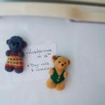 Needle Felted Brown Teddy Bear In Green Suit..