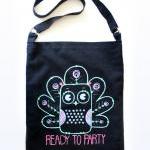 Black Linen Tote Bag With Acrylic Owl Painting