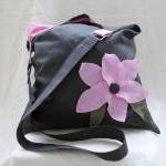 Linen Tote Bag With Pink Linen Flower, Gray, One..