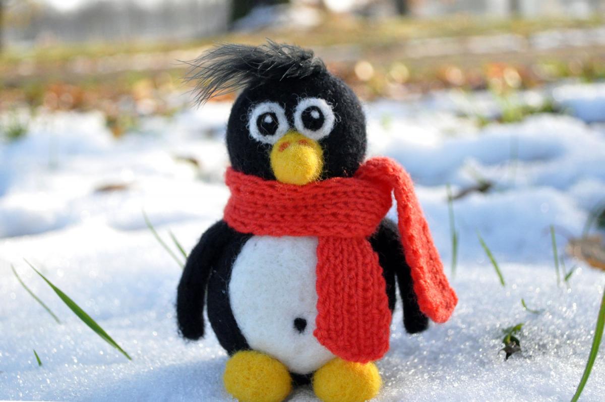 Needle Felted Penguin With Orange Scarf, Winter, Present, Gift, Black