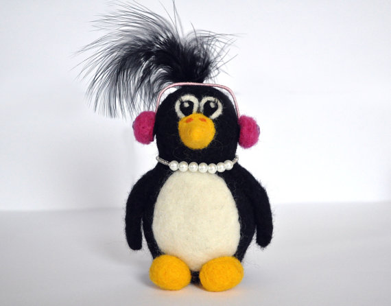 Needle Felted Penguin With Pink Earphones And Necklace, Winter, Present, Gift, Black