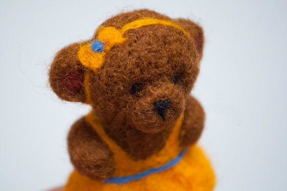 Needle Felted Brown Teddy Bear In Yellow Dress Magnet