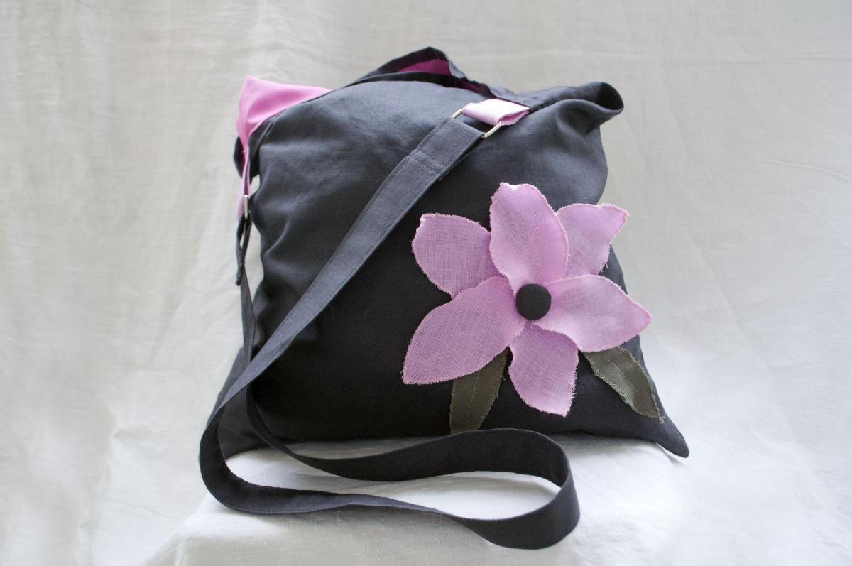 Linen Tote Bag With Pink Linen Flower, Gray, One Of A Kind