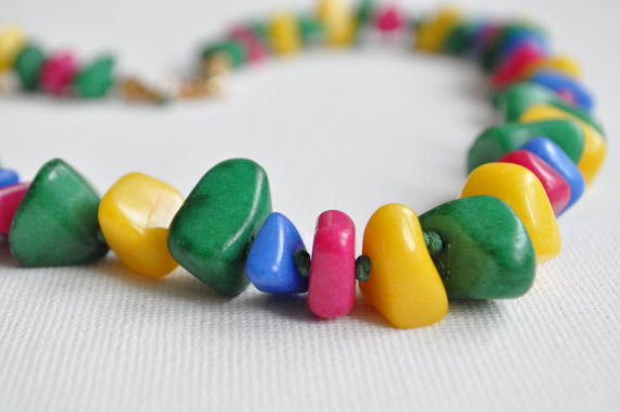 Necklace From Natural Stone Beads, Colorful, Pink, Green, Yellow, Blue